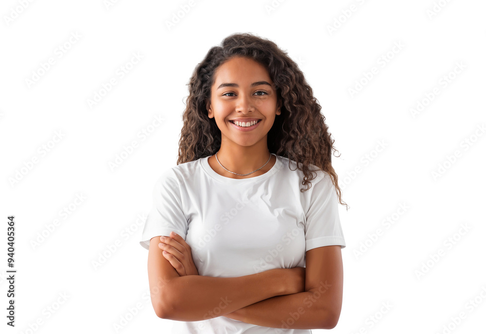 Portrait of a smiling young Brazilian woman standing with her arms crossed, isolated on transparent background Portrait of a smiling young Brazilian woman standing with her arms crossed, isolated on transparent background