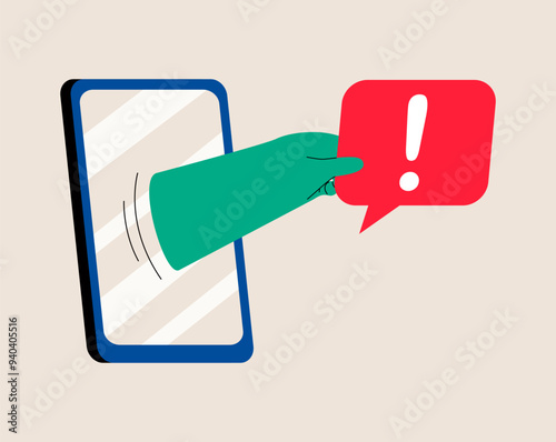 Smartphone with exclamation point in hand. Colorful vector illustration