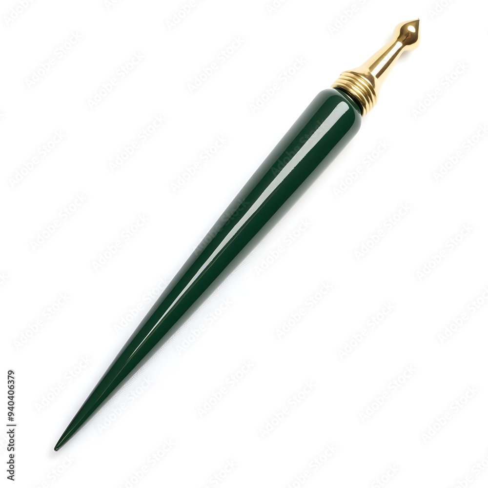 A close up photograph of a green metal letter opener placed at the center of a plain white background showcasing the simple and minimalist design of this common office supply tool A close up photograph of a green metal letter opener placed at the center of a plain white background showcasing the simple and minimalist design of this common office supply tool