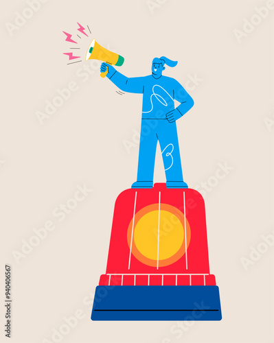 Woman holding a megaphone standing on emergency siren. Colorful vector illustration