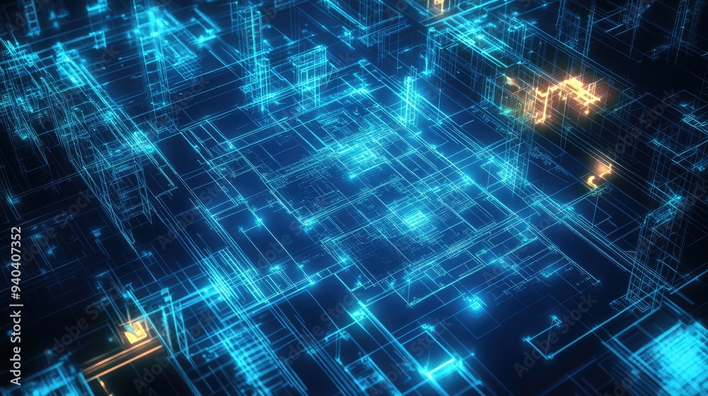 High-tech construction site with glowing blueprints High-tech construction site with glowing blueprints