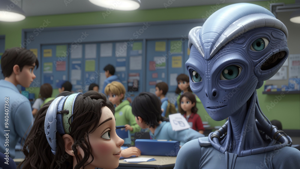 alien humanoid in a classroom students. alien humanoid in a classroom students.