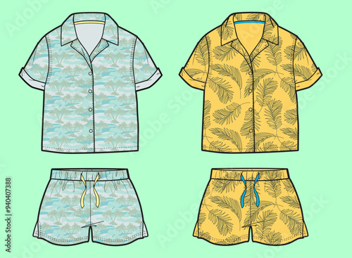 Boys revere collar summer pattern shirt and shorts flat sketch outline vector fashion illustration template.