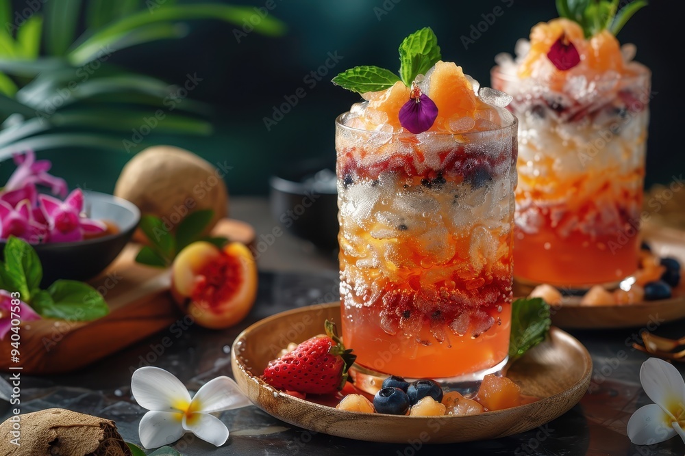 Refreshing Summer Cocktail with Tropical Fruits and Flowers Refreshing Summer Cocktail with Tropical Fruits and Flowers