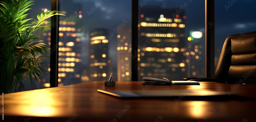 A modern office scene showcasing a polished desk, city skyline, and ambient lighting, ideal for business or corporate themes. A modern office scene showcasing a polished desk, city skyline, and ambient lighting, ideal for business or corporate themes.