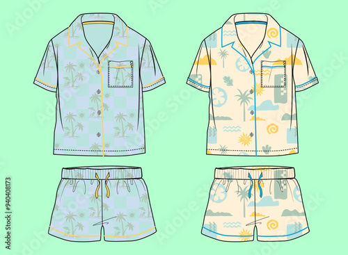 Boys revere collar summer colour palm tree pattern shirt and shorts flat sketch outline vector fashion illustration template. 
