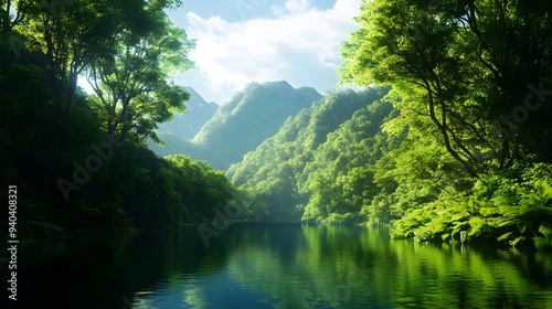 A serene landscape featuring lush greenery, mountains, and calm waters reflecting the tranquil sky above.