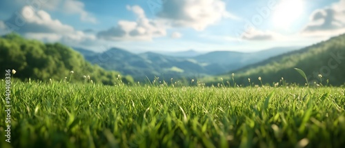 A serene landscape featuring lush green grass under a bright sky with distant mountains and soft clouds, inviting tranquility. photo