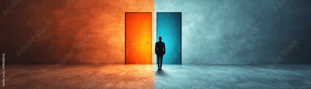 Obraz premium A person stands between two contrasting doors, symbolizing choices and dilemmas in life, evoking feelings of contemplation and decision.