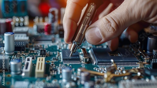 Technician repairing computer motherboard with precision, using screwdriver to replace components and upgrade pc hardware, emphasizing technology maintenance, electronics repair, and it support concep