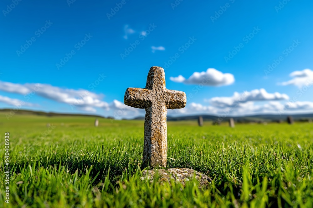 A tombstone with a simple cross, set in a rural cemetery with wide open fields and a clear blue sky A tombstone with a simple cross, set in a rural cemetery with wide open fields and a clear blue sky
