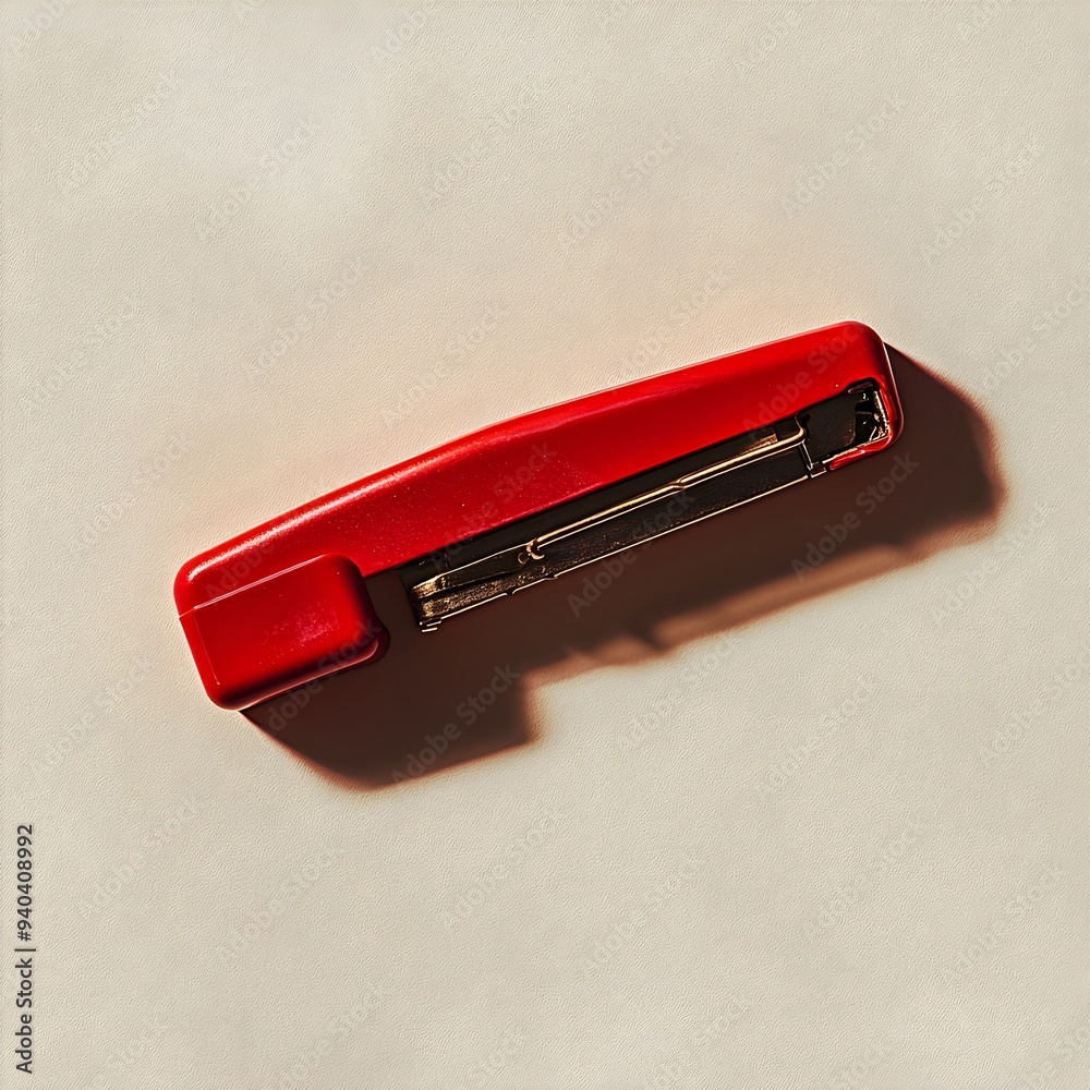 Closeup of a red stapler remover centrally positioned on a clean light colored surface  The minimalist