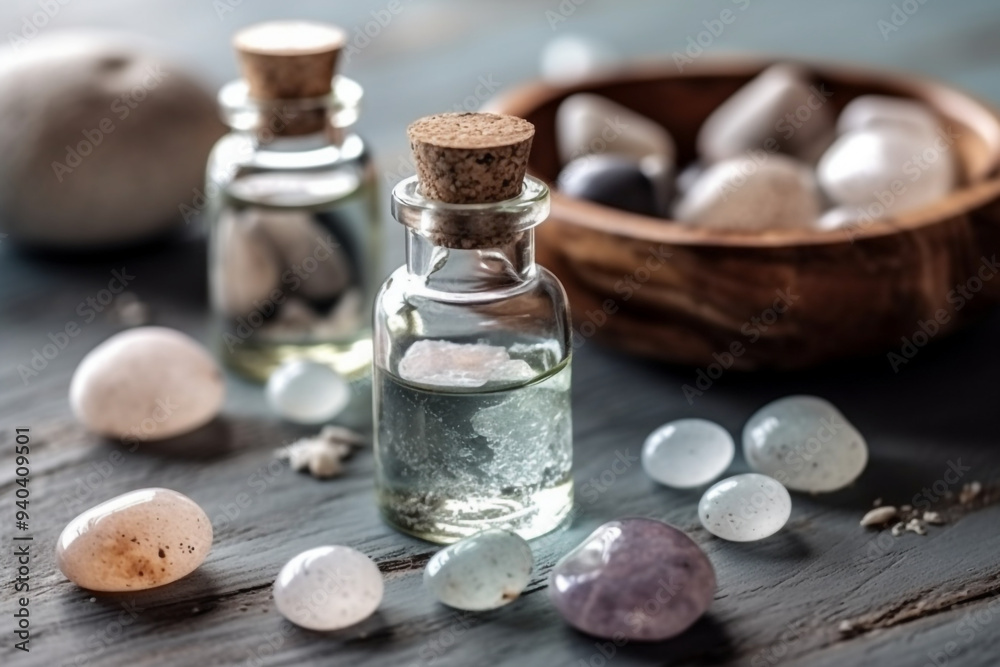A Spa Stone Beauty Treatment with Essential Oils and sea salts. generative ai. A Spa Stone Beauty Treatment with Essential Oils and sea salts. generative ai.