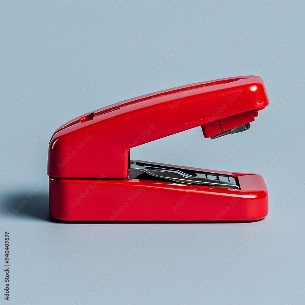 Vibrant red stapler lying flat and centered on a plain minimalist background This office supply item is captured in a simple clean and modern style showcasing its bold color and geometric form Vibrant red stapler lying flat and centered on a plain minimalist background This office supply item is captured in a simple clean and modern style showcasing its bold color and geometric form