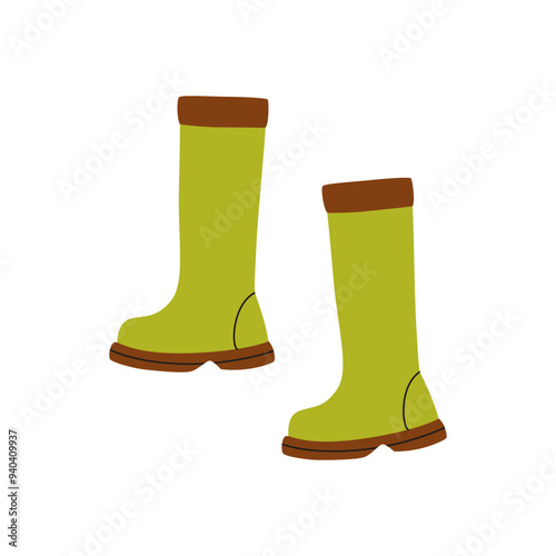 Bright green rubber gumboots, protective footwear. Protection and safety boots, waterproof shoes. Wellingtons, wellies, rainboots pair. Flat graphic vector illustration isolated on white background
