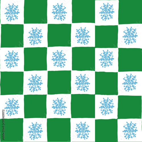 Seamless vector repeating pattern with hand drawn checkerboard in green and white and blue snowflake half drop. Christmas green checkers with snow design for xmas packaging, paper, fabric.
