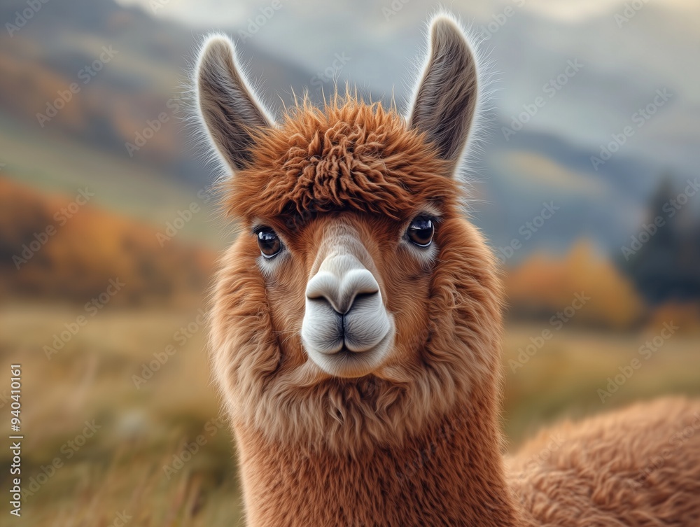 Fototapeta premium Close up portrait of an Alpaca in mountain landscape, wildlife photography