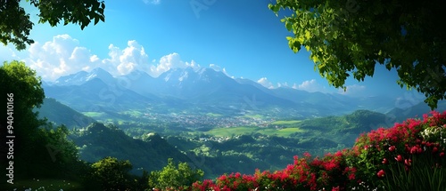 Fototapeta Naklejka Na Ścianę i Meble -  Stunning mountain vista framed by vibrant flowers and lush greenery under a clear blue sky, perfect for nature and travel themed projects.