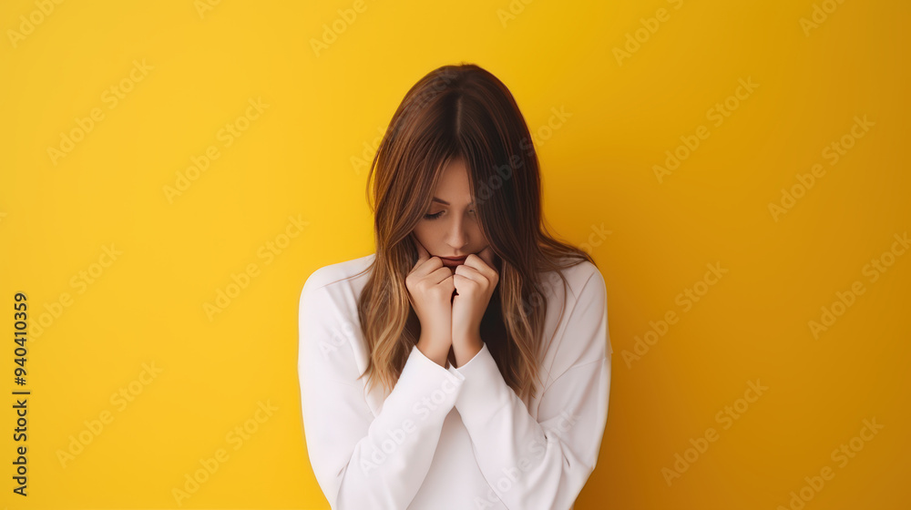 Young beautiful woman over yellow background with sad expression covering face with hands while crying. Depression and suicide concept. Young beautiful woman over yellow background with sad expression covering face with hands while crying. Depression and suicide concept.