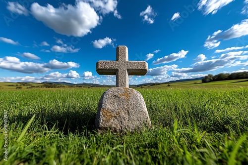 A tombstone with a simple cross, set in a rural cemetery with wide open fields and a clear blue sky photo