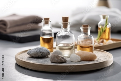A Spa Stone Beauty Treatment with Essential Oils and sea salts. generative ai.