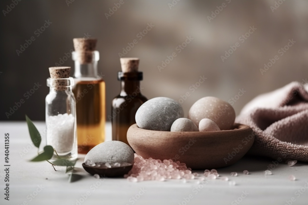 A Spa Stone Beauty Treatment with Essential Oils and sea salts. generative ai. A Spa Stone Beauty Treatment with Essential Oils and sea salts. generative ai.