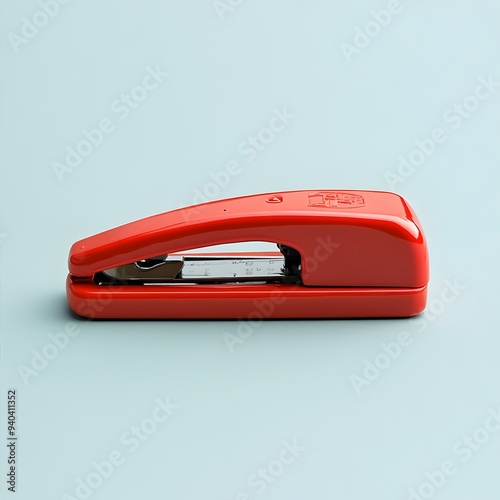 Minimalist red stapler lying flat at the center of a light clean background Simple office equipment in a modern organized composition