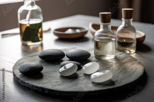 A Spa Stone Beauty Treatment with Essential Oils and sea salts. generative ai.