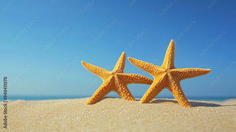 Two starfish on a sandy beach with a clear blue sky and ocean in the background. Two starfish on a sandy beach with a clear blue sky and ocean in the background.