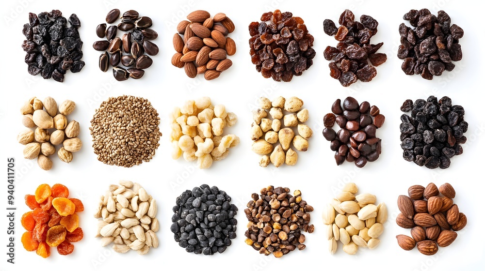 72. A collection of dried fruit seeds isolated on a white background