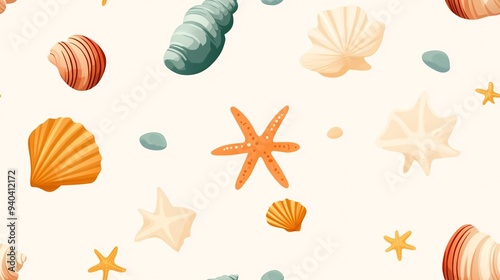 Seamless Seashell Pattern: A whimsical and charming pattern featuring seashells, starfish, and pebbles scattered across a pristine white background