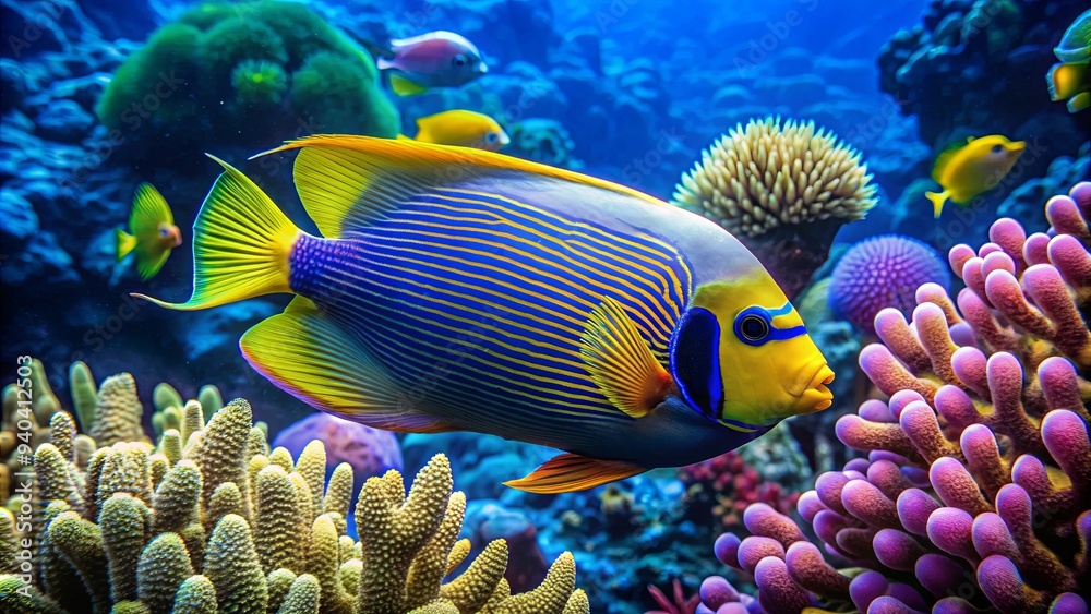 Fototapeta premium Colorful Emperor Angelfish swimming gracefully in the coral reef, marine life, vibrant, tropical fish, exotic, underwater, colorful