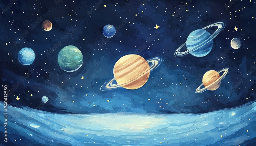 Fototapeta premium Whimsical illustration of planets and stars in a blue space background