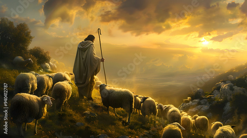 A shepherd stands on a hillside with a flock of sheep, bathed in the golden light of sunrise, creating a peaceful and serene rural scene with dramatic clouds in the sky.