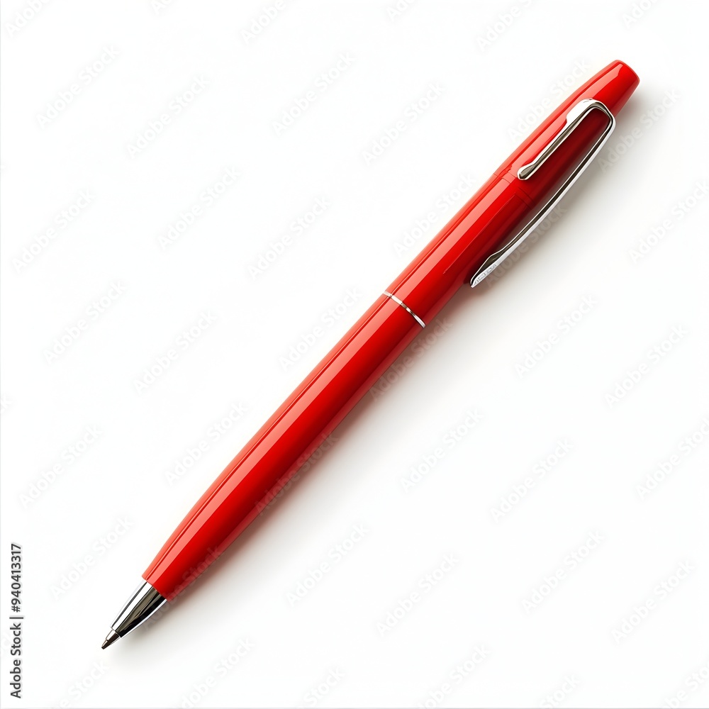 Closeup photograph of a solitary red pen lying flat and centered on a clean pristine white background Minimalist simple and visually striking image for office business or stationery concepts Closeup photograph of a solitary red pen lying flat and centered on a clean pristine white background Minimalist simple and visually striking image for office business or stationery concepts