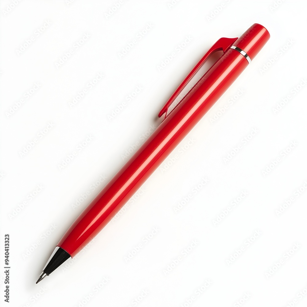 A striking red pen lying flat and centered on a clean white background conveying a sense of simplicity elegance and minimalist design