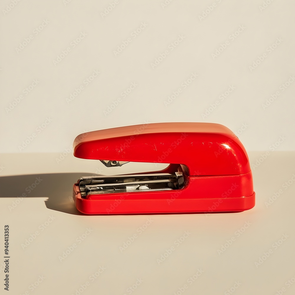 Close up image of a red stapler remover tool placed at the center of a light colored surface The minimalist and clean composition highlights the essential office desk equipment Close up image of a red stapler remover tool placed at the center of a light colored surface The minimalist and clean composition highlights the essential office desk equipment