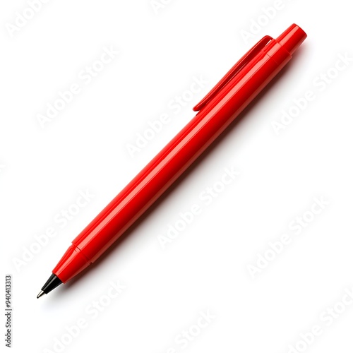 A beautifully composed shot of a red pen lying flat at the center of a plain white background showcasing the minimalist and sophisticated design of the object