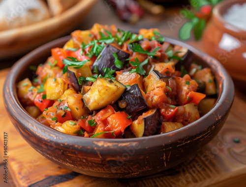 Healthy Mediterranean Stew with Eggplant and Zucchini, Close Up of Pisto Dish