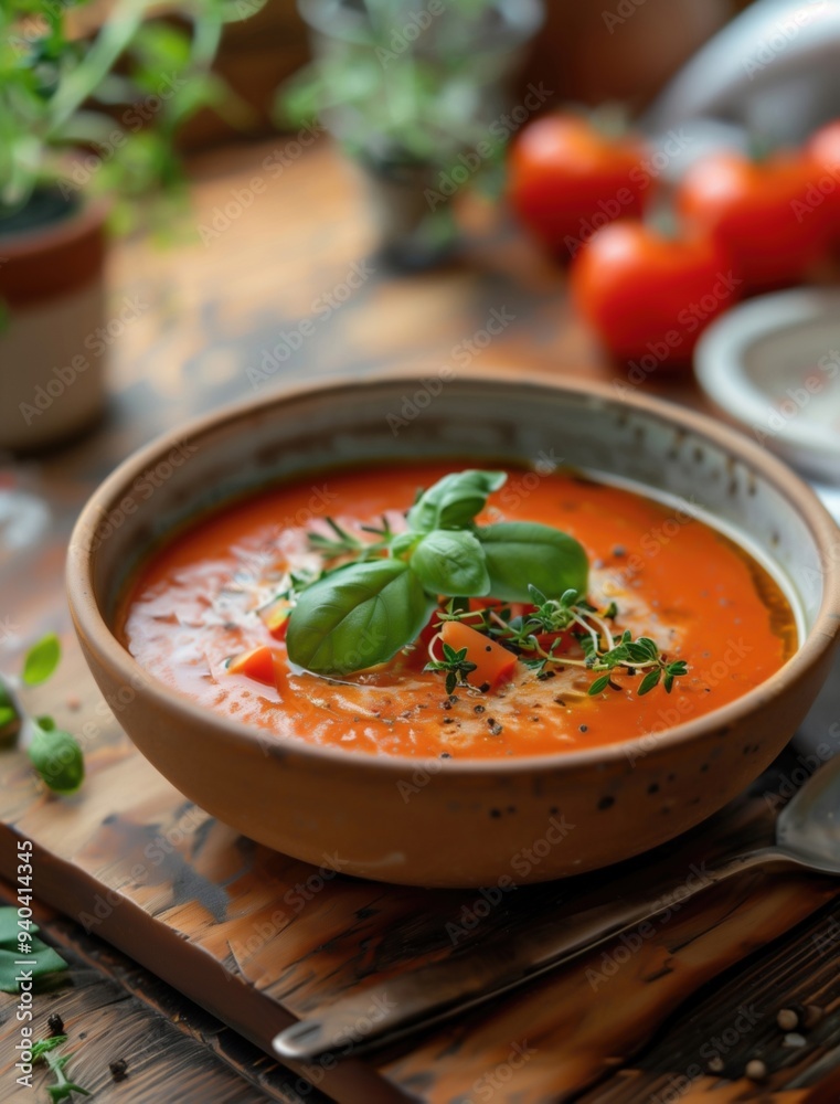 Rustic close up of Gazpacho soup with fresh basil and tomatoes on a wooden board Rustic close up of Gazpacho soup with fresh basil and tomatoes on a wooden board