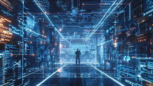 Detailed photograph of a collaborative AI project with futuristic tech and holograms