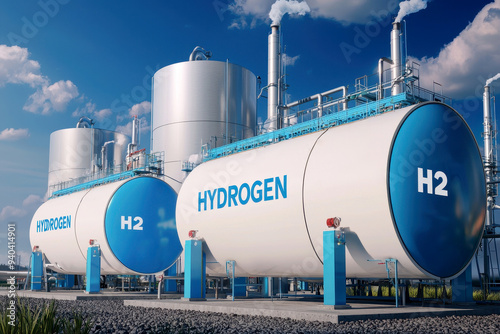 Large storage tanks hydrogen production and processing plant , representing hydrogen energy storage concept.