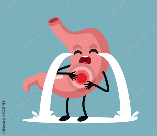 Upset Stomach Character Crying Out Loud Vector Illustration. Gastrointestinal problems of an sad unhappy patient  
