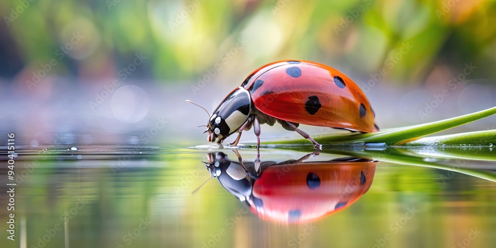 Ladybug with reflection on water surface , ladybug, insect, reflection, water, nature, red, black, spotted, macro, close-up Ladybug with reflection on water surface , ladybug, insect, reflection, water, nature, red, black, spotted, macro, close-up