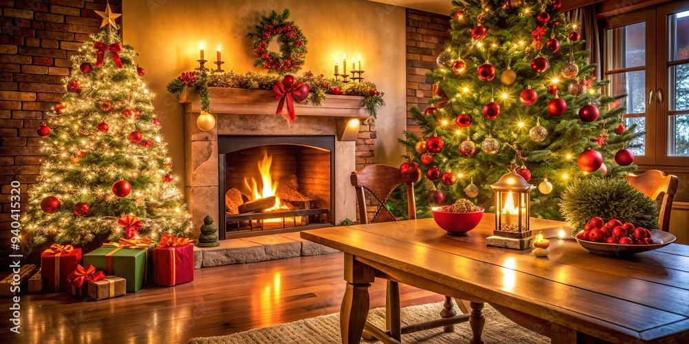 Table with christmas tree and fireplace decorated for the holidays and copy space, christmas, tree, fireplace, holiday Table with christmas tree and fireplace decorated for the holidays and copy space, christmas, tree, fireplace, holiday
