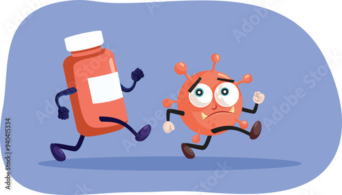 
Pill Container Running after a Virus Vector Cartoon Illustration
Powerful medication treatment chasing the viral disease away 
