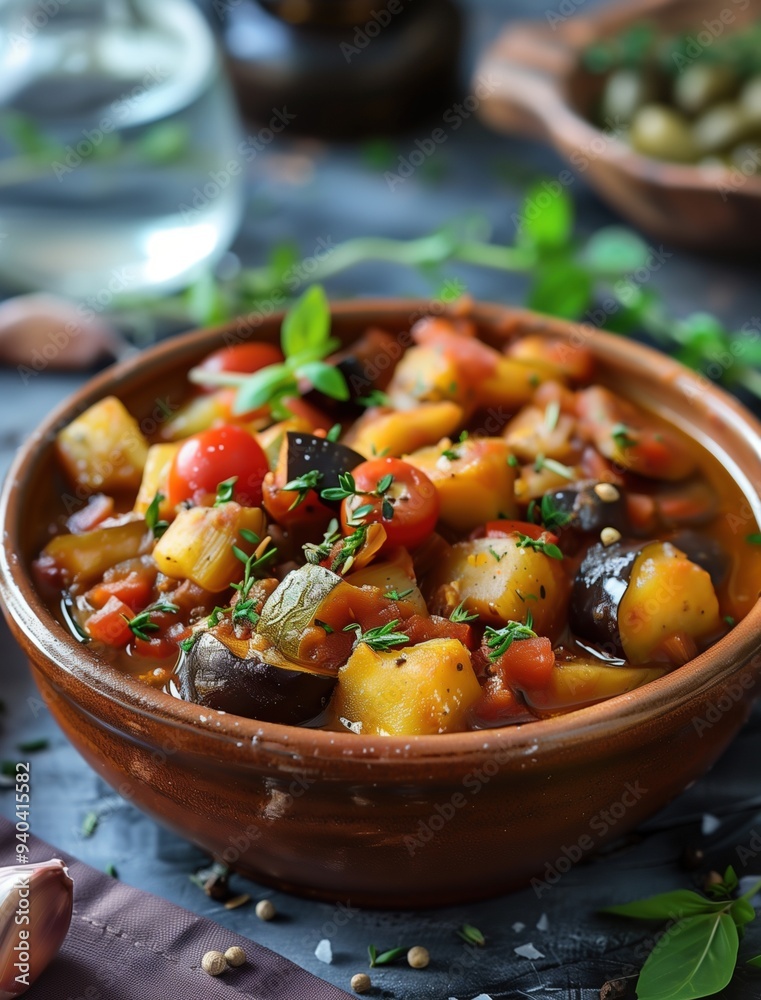 Close up of Hearty Spanish Pisto with Fresh Vegetables Close up of Hearty Spanish Pisto with Fresh Vegetables