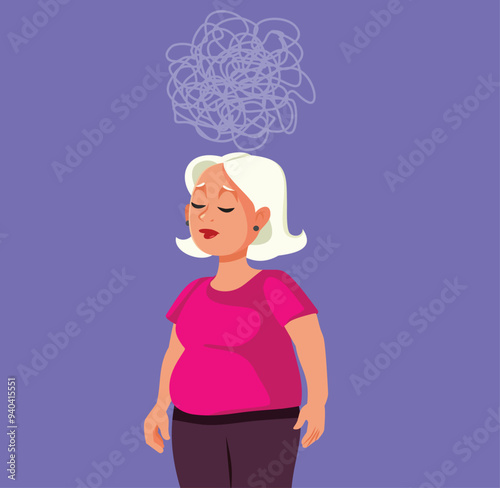 Overweight Woman Feels Depressed and Anxious Vector Cartoon. Stressed obese lady suffering from mental health problems 
