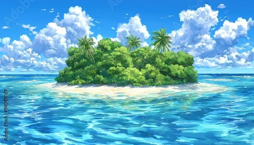 Tropical island with palm trees and white sand beach in the middle of blue ocean with clouds