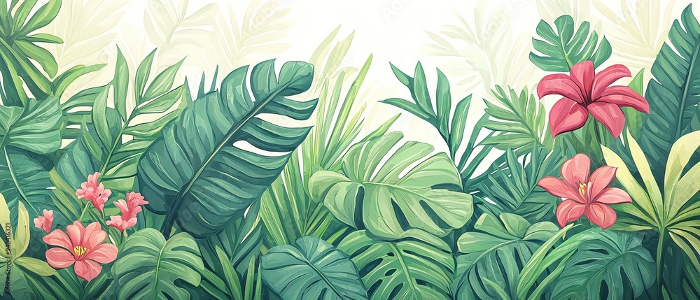 Tropical foliage with vibrant green leaves and delicate pink flowers. Tropical foliage with vibrant green leaves and delicate pink flowers.